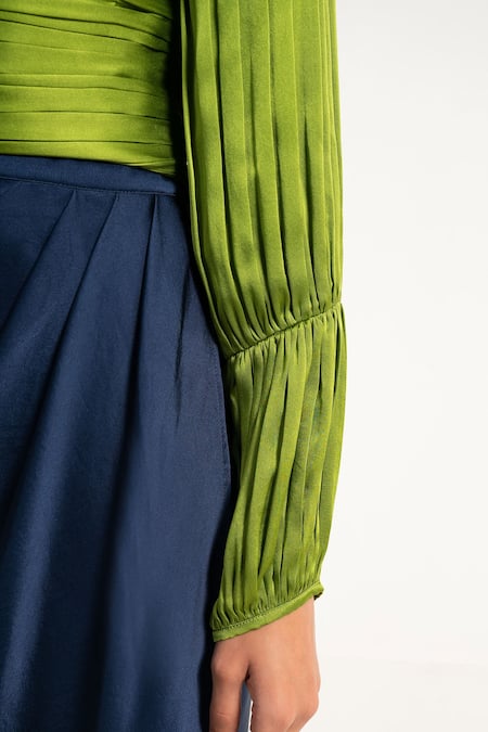 Shop_APZ_Green Pure Silk Lining Silk-satin V Neck Soie Pleated Blouse_Online_at_Aza_Fashions