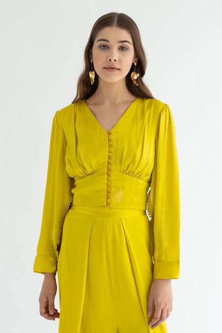 Shop Apz Yellow Pure Silk Lining Silk-satin V Neck Rosa Blouse at Aza Fashions Shop_Apz_Yellow Pure Silk Lining Silk-satin V Neck Rosa Blouse_at_Aza_Fashions