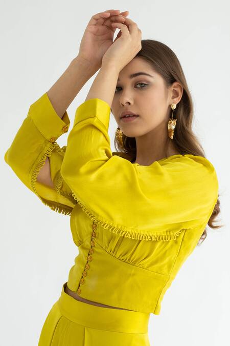 Apz Yellow Pure Silk Lining Silk-satin V Neck Rosa Blouse Online at Aza Fashions Apz_Yellow Pure Silk Lining Silk-satin V Neck Rosa Blouse_Online_at_Aza_Fashions