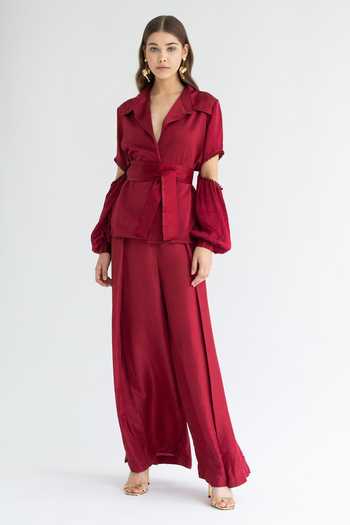 Apz Red Silk Straight Collar Cutout Sleeve Shirt Online at Aza Fashions Apz_Red Silk Straight Collar Cutout Sleeve Shirt_Online_at_Aza_Fashions