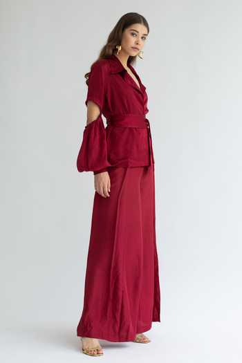 Shop Apz Red Silk Straight Collar Cutout Sleeve Shirt at Aza Fashions Shop_Apz_Red Silk Straight Collar Cutout Sleeve Shirt_at_Aza_Fashions