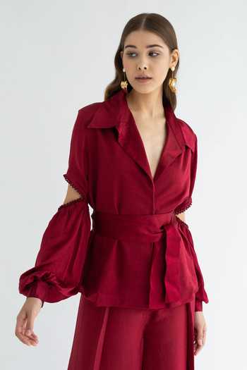 Buy Apz Red Silk Straight Collar Cutout Sleeve Shirt at Aza Fashions Buy_Apz_Red Silk Straight Collar Cutout Sleeve Shirt_at_Aza_Fashions