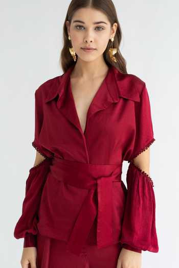 Buy Apz Red Silk Straight Collar Cutout Sleeve Shirt Online at Aza Fashions Buy_Apz_Red Silk Straight Collar Cutout Sleeve Shirt_Online_at_Aza_Fashions