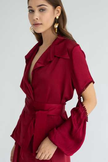 Shop Apz Red Silk Straight Collar Cutout Sleeve Shirt Online at Aza Fashions Shop_Apz_Red Silk Straight Collar Cutout Sleeve Shirt_Online_at_Aza_Fashions