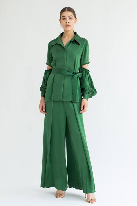 Apz_Green Silk Straight Collar Cutout Sleeve Shirt_Online_at_Aza_Fashions