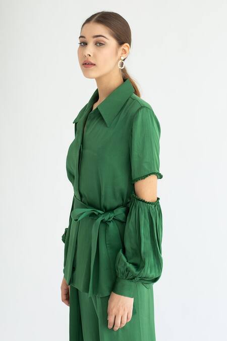 Buy_Apz_Green Silk Straight Collar Cutout Sleeve Shirt_Online_at_Aza_Fashions