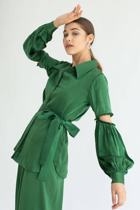 Shop_Apz_Green Silk Straight Collar Cutout Sleeve Shirt_Online_at_Aza_Fashions