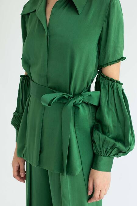 Apz_Green Silk Straight Collar Cutout Sleeve Shirt_at_Aza_Fashions