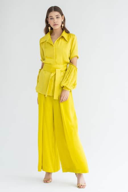 Shop_APZ_Yellow Silk Straight Collar Cutout Sleeve Shirt_at_Aza_Fashions