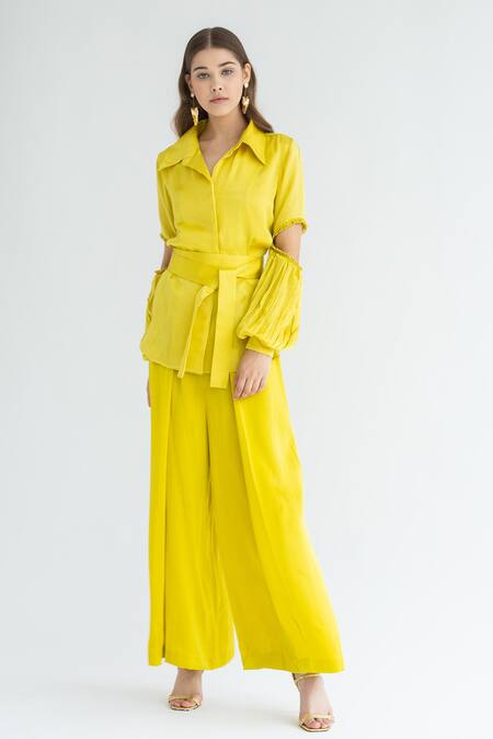 APZ_Yellow Silk Straight Collar Cutout Sleeve Shirt_Online_at_Aza_Fashions