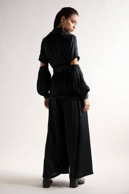 Shop_APZ_Black Silk Plain Straight Collar Cutout Sleeve Shirt  _at_Aza_Fashions