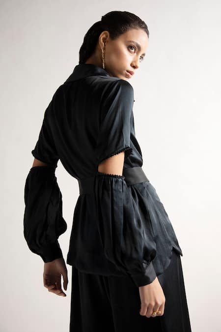 Buy_APZ_Black Silk Plain Straight Collar Cutout Sleeve Shirt  _Online_at_Aza_Fashions