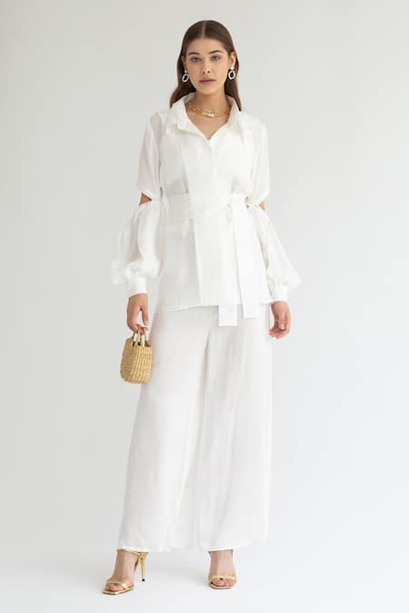 Shop_Apz_White Silk Straight Collar Cutout Sleeve Shirt Pant Set_at_Aza_Fashions