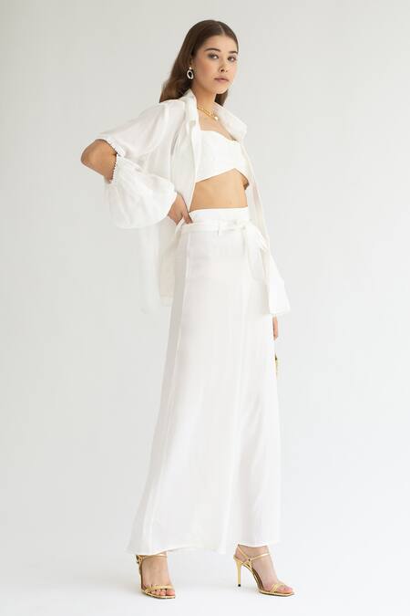 Apz_White Silk Straight Collar Cutout Sleeve Shirt Pant Set_Online_at_Aza_Fashions