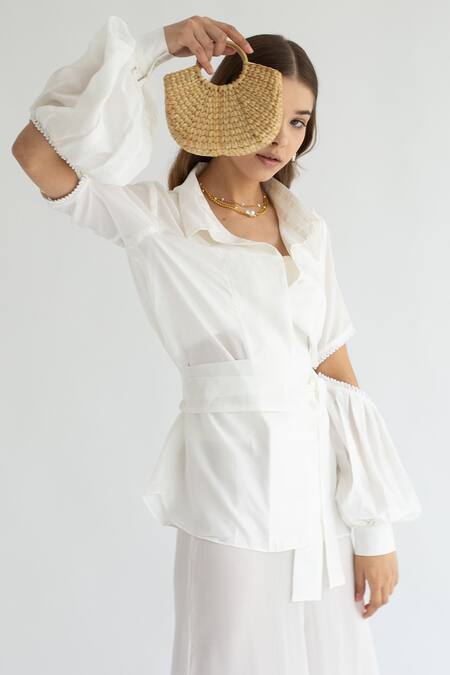 Buy_Apz_White Silk Straight Collar Cutout Sleeve Shirt Pant Set_Online_at_Aza_Fashions