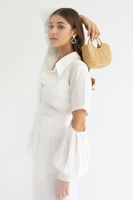 Shop_Apz_White Silk Straight Collar Cutout Sleeve Shirt Pant Set_Online_at_Aza_Fashions
