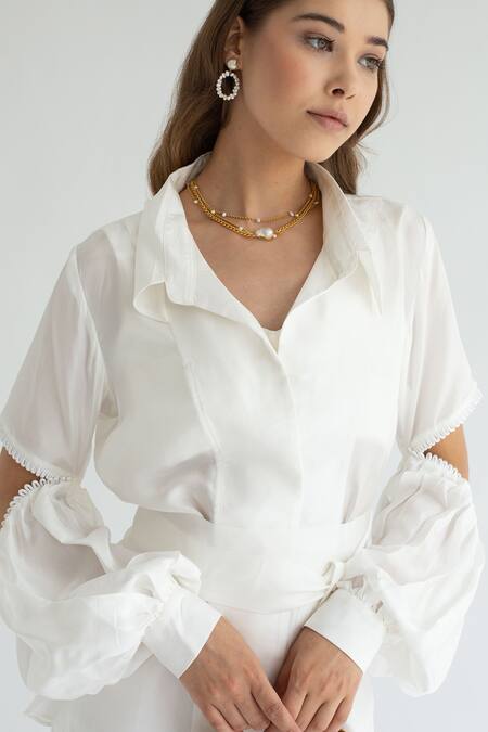 Apz_White Silk Straight Collar Cutout Sleeve Shirt Pant Set_at_Aza_Fashions