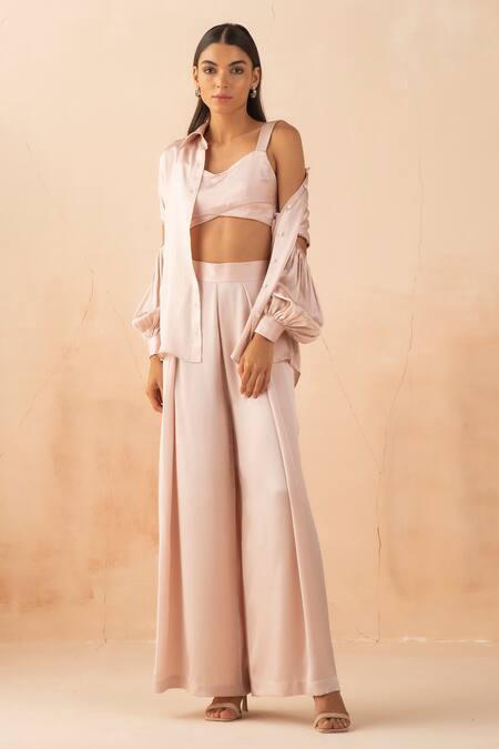 Buy_APZ_Pink Silk Plain Straight Collar Cutout Sleeve Shirt  _Online_at_Aza_Fashions