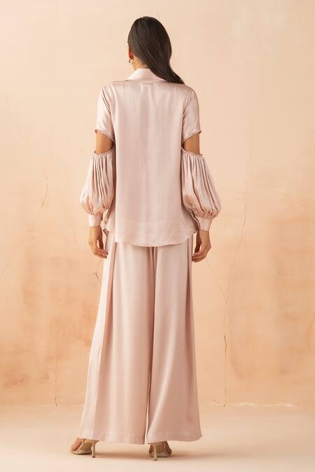 Shop_APZ_Pink Silk Plain Straight Collar Cutout Sleeve Shirt  _at_Aza_Fashions
