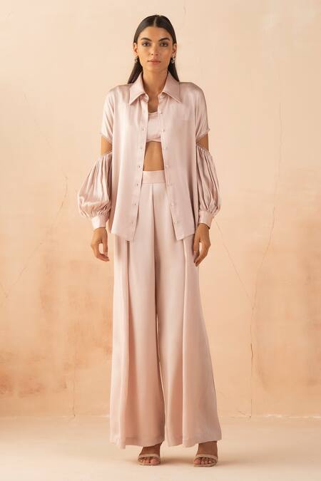 APZ_Pink Silk Plain Straight Collar Cutout Sleeve Shirt  _Online_at_Aza_Fashions