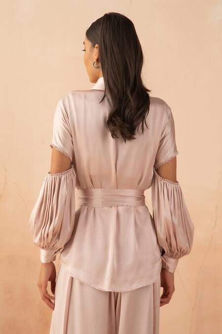 Shop_APZ_Pink Silk Plain Straight Collar Cutout Sleeve Shirt  _Online_at_Aza_Fashions