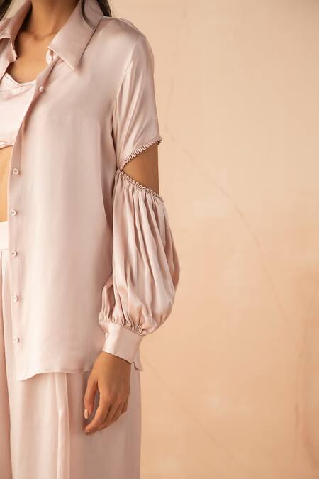APZ_Pink Silk Plain Straight Collar Cutout Sleeve Shirt  _at_Aza_Fashions