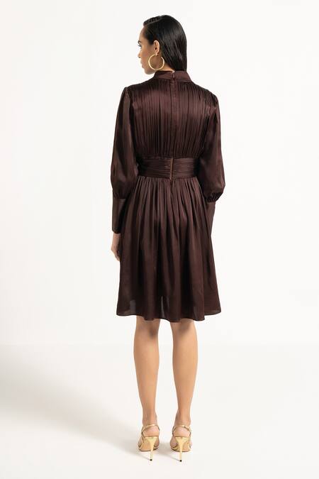Shop Apz Brown Pure Silk Lining Silk-satin V Neck Pleated Dress at Aza Fashions Shop_Apz_Brown Pure Silk Lining Silk-satin V Neck Pleated Dress_at_Aza_Fashions