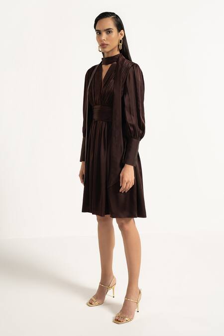 Apz Brown Pure Silk Lining Silk-satin V Neck Pleated Dress Online at Aza Fashions Apz_Brown Pure Silk Lining Silk-satin V Neck Pleated Dress_Online_at_Aza_Fashions