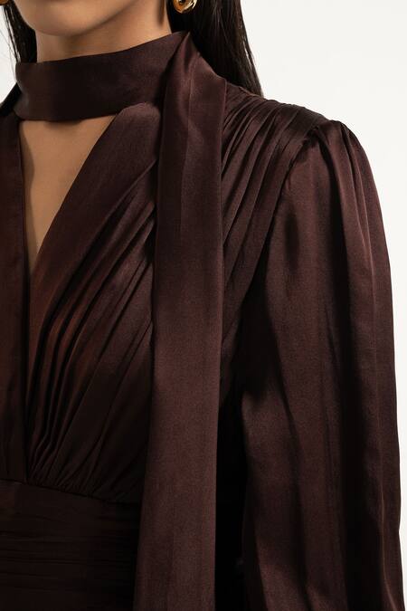 Buy Apz Brown Pure Silk Lining Silk-satin V Neck Pleated Dress Online at Aza Fashions Buy_Apz_Brown Pure Silk Lining Silk-satin V Neck Pleated Dress_Online_at_Aza_Fashions