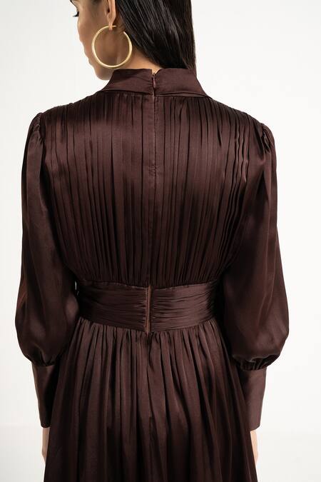 Shop Apz Brown Pure Silk Lining Silk-satin V Neck Pleated Dress Online at Aza Fashions Shop_Apz_Brown Pure Silk Lining Silk-satin V Neck Pleated Dress_Online_at_Aza_Fashions