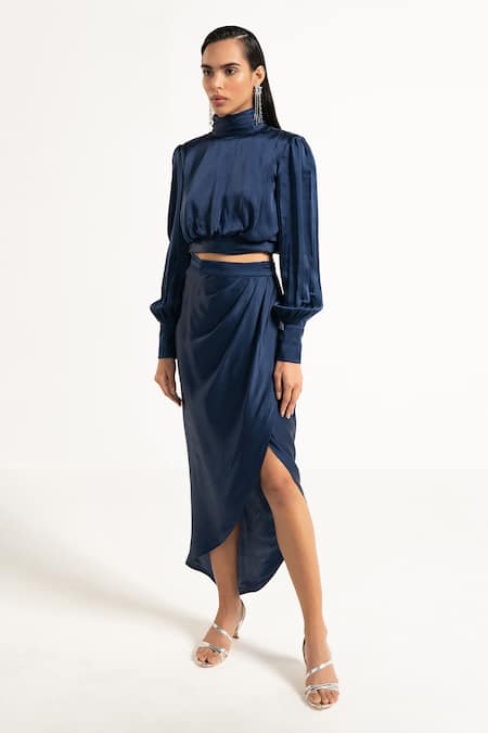 Apz_Blue Pure Silk Lining Silk-satin High Crop Top_Online_at_Aza_Fashions