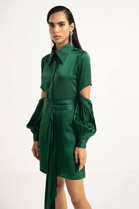 Apz_Green Silk Straight Collar Serpentine Shirt Dress_Online_at_Aza_Fashions