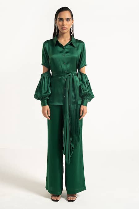 Apz_Green Pure Silk Lining Silk-satin Spread Collar Serpentine Crystal Shirt_Online_at_Aza_Fashions