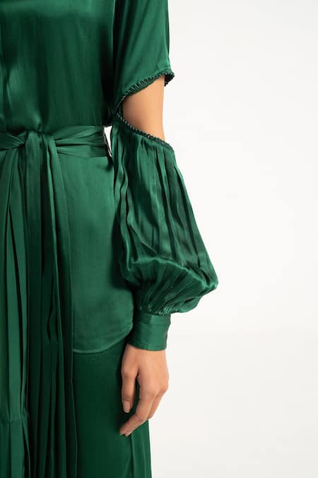 Shop_Apz_Green Pure Silk Lining Silk-satin Spread Collar Serpentine Crystal Shirt_Online_at_Aza_Fashions