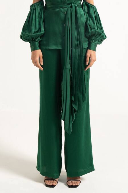 Apz_Green Pure Silk Serpentine Crystal Flared Pants_Online_at_Aza_Fashions