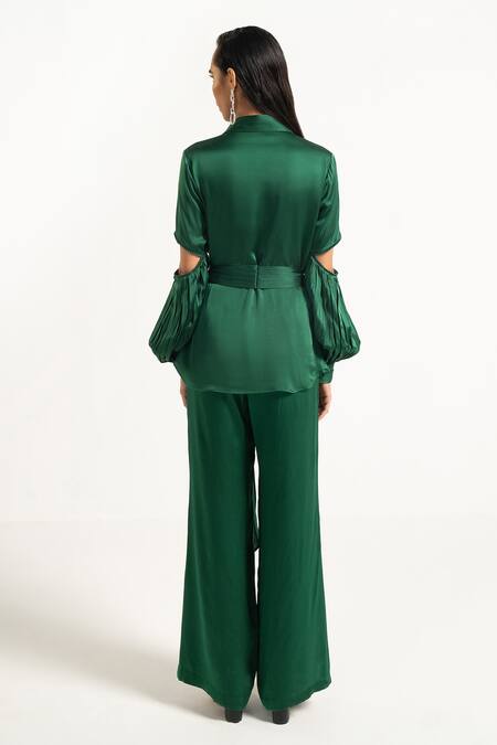 Shop Apz Green Pure Silk Lining Silk-satin Serpentine Crystal Shirt And Flared Pant Set at Aza Fashions Shop_Apz_Green Pure Silk Lining Silk-satin Serpentine Crystal Shirt And Flared Pant Set_at_Aza_Fashions