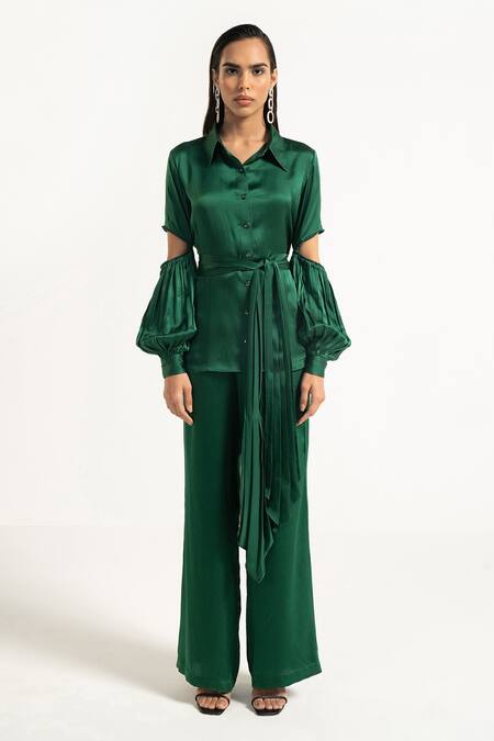 Apz Green Pure Silk Lining Silk-satin Serpentine Crystal Shirt And Flared Pant Set Online at Aza Fashions Apz_Green Pure Silk Lining Silk-satin Serpentine Crystal Shirt And Flared Pant Set_Online_at_Aza_Fashions