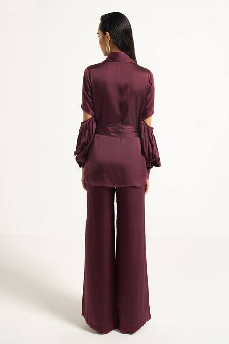 Shop_Apz_Purple Pure Silk Lining Silk-satin Spread Collar Shirt And Flared Pant Set_at_Aza_Fashions
