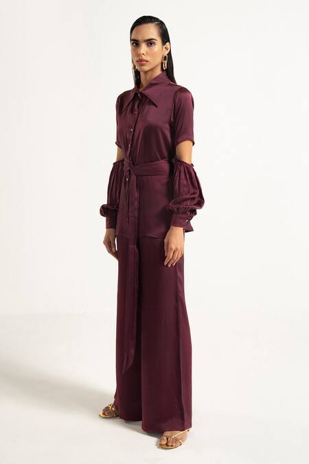 Apz_Purple Pure Silk Lining Silk-satin Spread Collar Shirt And Flared Pant Set_Online_at_Aza_Fashions