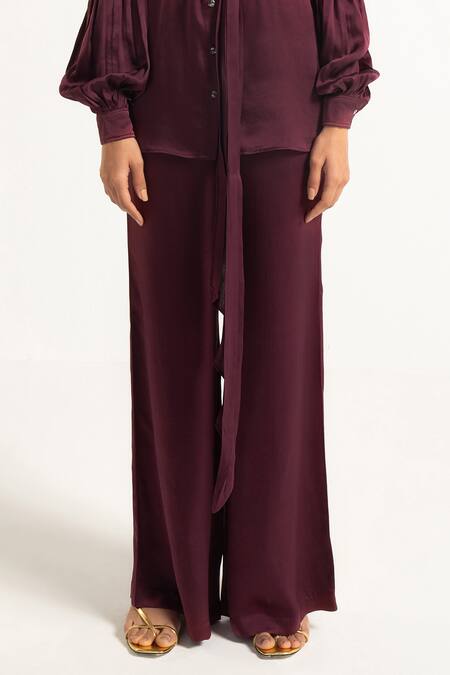Apz_Purple Pure Silk Lining Silk-satin Spread Collar Shirt And Flared Pant Set_at_Aza_Fashions