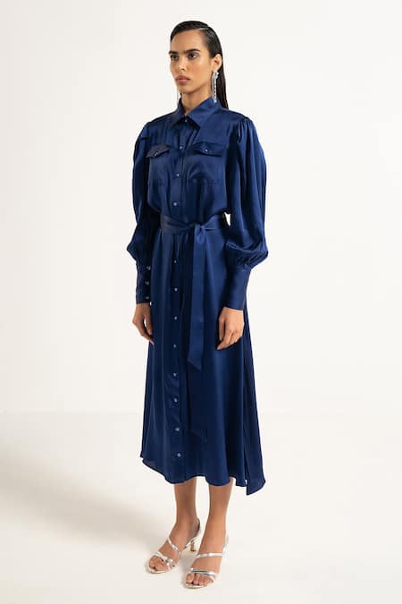 Apz_Blue Pure Silk Lining Silk-satin Spread Collar Shirt Dress_Online_at_Aza_Fashions
