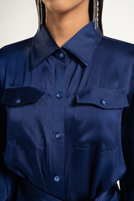 Buy_Apz_Blue Pure Silk Lining Silk-satin Spread Collar Shirt Dress_Online_at_Aza_Fashions