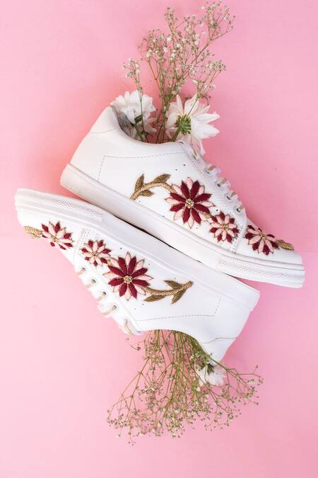 The Saree Sneakers_White Zardozi Embroidered Maroon And Pink Sneakers _Online_at_Aza_Fashions