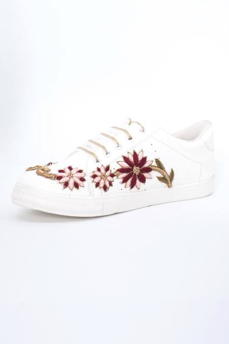 Shop_The Saree Sneakers_White Zardozi Embroidered Maroon And Pink Sneakers _Online_at_Aza_Fashions