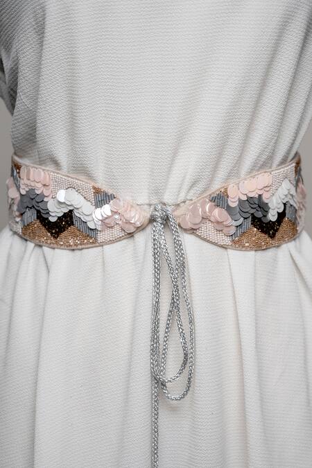 Shop_Mehraki_Beige Embroidery Sequin Belt _at_Aza_Fashions