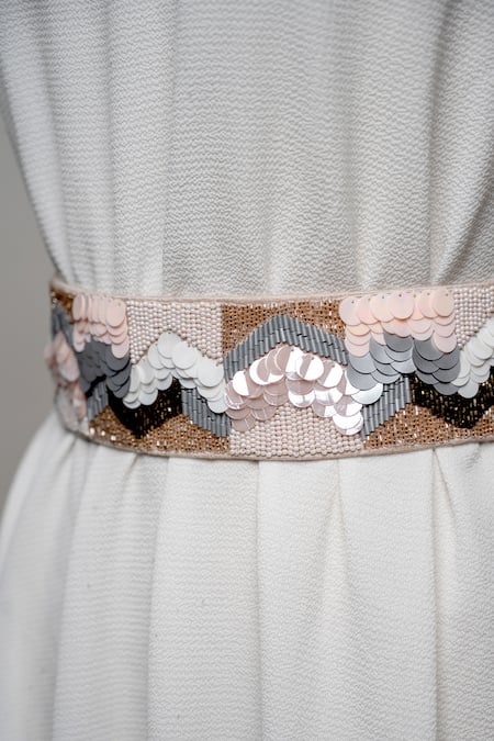 Buy_Mehraki_Beige Embroidery Sequin Belt _Online_at_Aza_Fashions