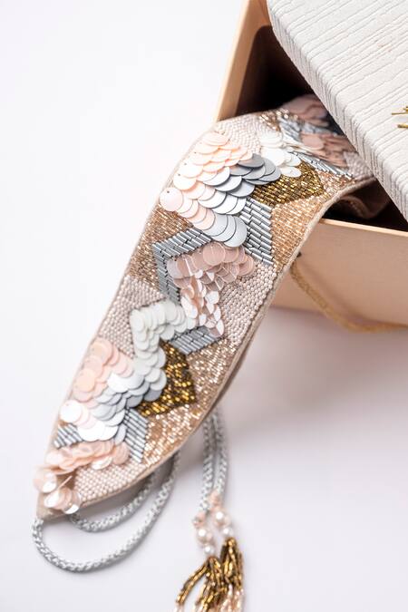 Shop_Mehraki_Beige Embroidery Sequin Belt _Online_at_Aza_Fashions