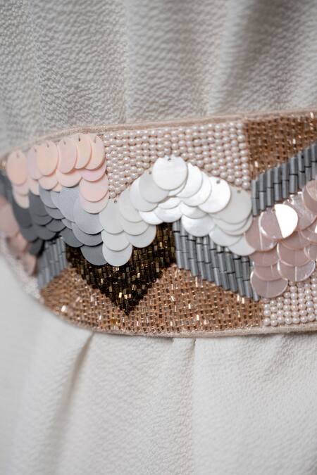 Mehraki_Beige Embroidery Sequin Belt _at_Aza_Fashions