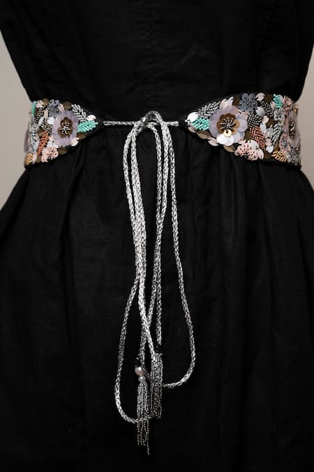 Shop_Mehraki_Black Embroidery Floral Belt _at_Aza_Fashions