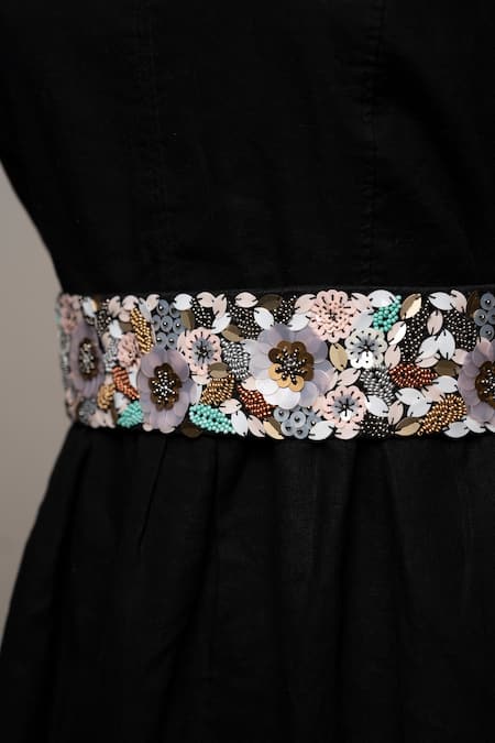 Buy_Mehraki_Black Embroidery Floral Belt _Online_at_Aza_Fashions